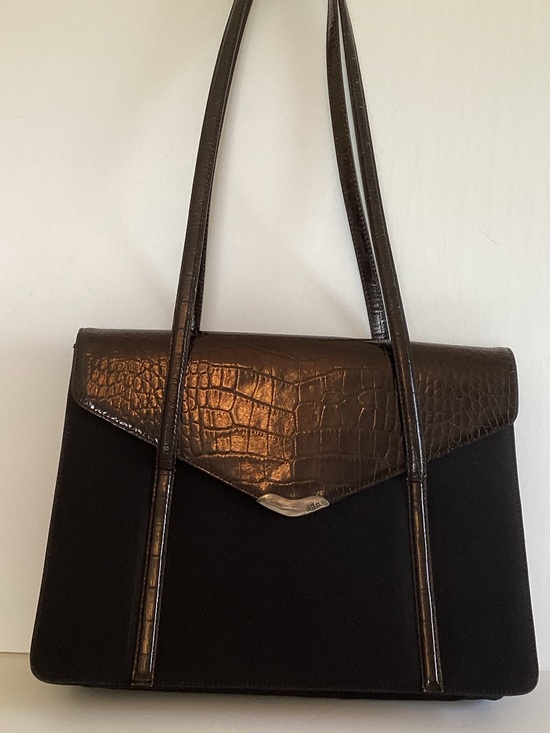 Ralph Lauren Handbags - Vintage Ralph Lauren Black Shoulder Bag with Croc-Embossed Flap and straps